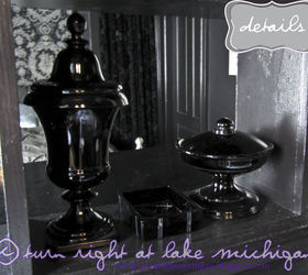 our boudoir noir master bedroom, bedroom ideas, home decor, home improvement, Black Amethyst glass containers from our wedding serve as both interesting display pieces and practical storage for bathroom items like cotton balls and swabs