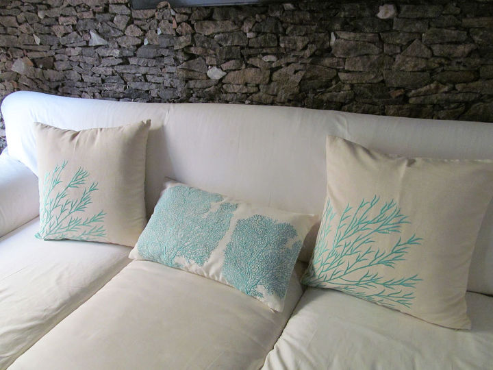 coastal themed throw pillows, crafts, home decor, Coral branch and Coral fan embroidered boudoir pillow cover in aqua blue and white