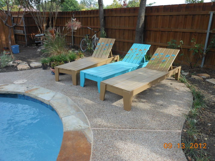 diy chaise lounge chair, painted furniture, woodworking projects, I went ahead and built 3 My wife painted and stenciled