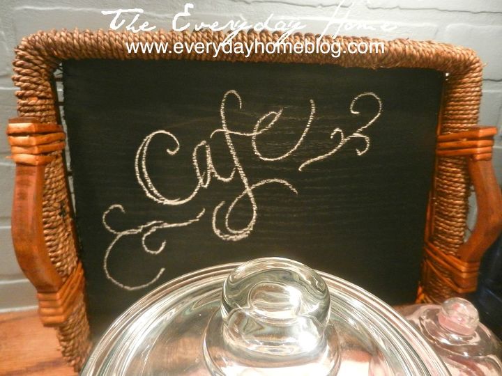 my mini coffee station it greets me every morning, chalk paint, cleaning tips, kitchen design, I cut a bottom for this wicker tray and painted it with chalkboard paint This will be a great way to announce the flavor of coffees I have available when I have guests