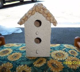 pistaschios amp stucco, crafts, Simple wooden birdhouse w pistaschio shells on the roof