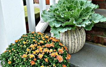 Welcome Fall!  The Best Makeover for a $1 Plastic Pumpkin, Simple Pumpkin Topiaries & a Unique "Wreath".