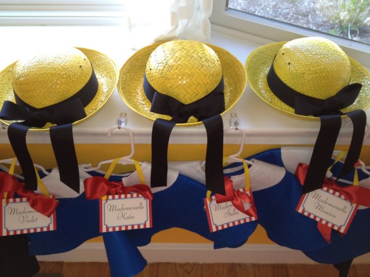 madeline party, crafts, Madeline Birthday party 4 year old little girl yellow hat capelet France blue red ribbon