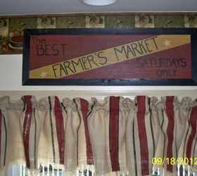 burlap window valance no sew but lots of paint, painting, reupholster, window treatments, MY INSPIRATION FARMERS MARKET SIGN See why I painted the red stripes See Why I decided to add the black stripe I thought I was all done Not Quite See the Mustard Stripe