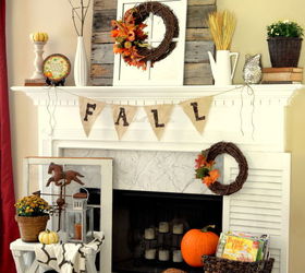 fall mantel with reclaimed pallet wood, doors, seasonal holiday decor, Fall mantel loved decorating the hearth this year too