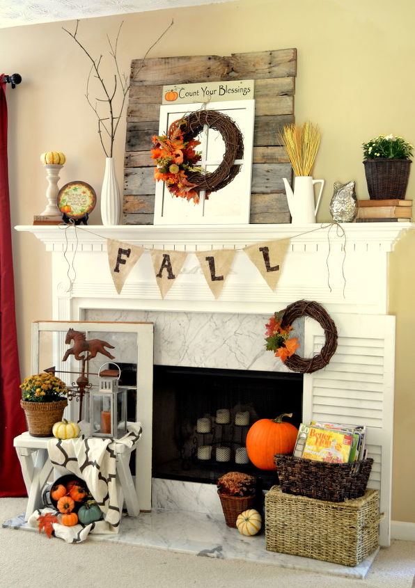 fall mantel with reclaimed pallet wood, doors, seasonal holiday decor, Fall mantel loved decorating the hearth this year too
