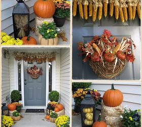 my front porch for fall pumpkins fall flowers lanterns and a fun corn garland, curb appeal, flowers, home decor, seasonal holiday decor, My front porch decorated for fall