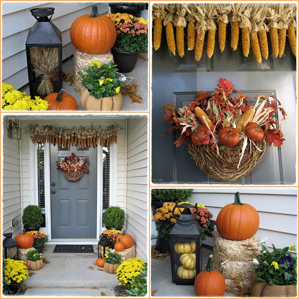my front porch for fall pumpkins fall flowers lanterns and a fun corn garland, curb appeal, flowers, home decor, seasonal holiday decor, My front porch decorated for fall