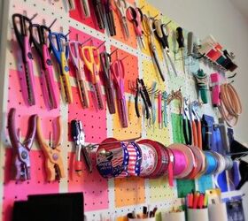 project runway inspired pegboard, cleaning tips, craft rooms, organizing, All my crafting tools are close at hand on my colorful pegboard