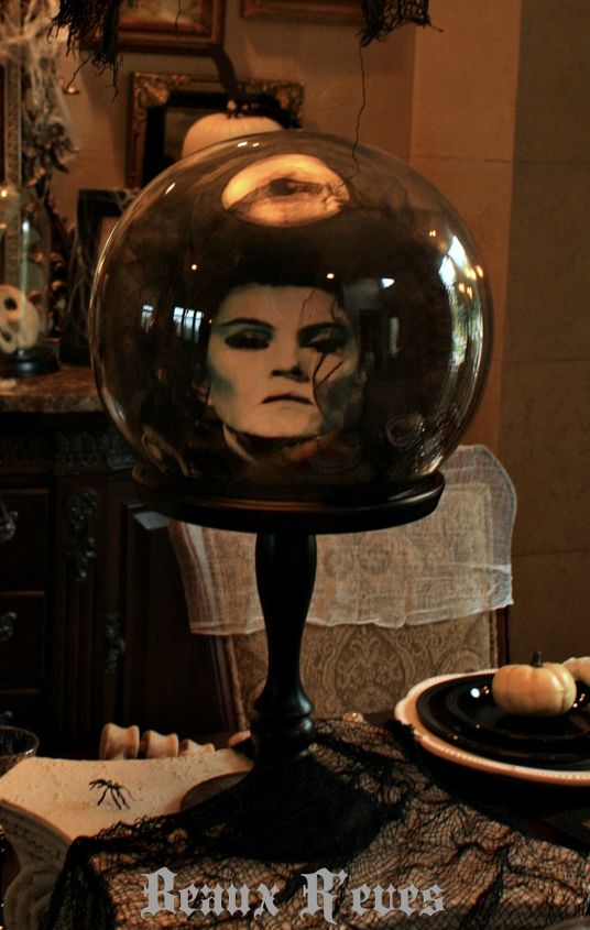 haunted halloween dining room, halloween decorations, seasonal holiday d cor, Haunted Mansion Crystal Ball created with Tulle and a printed photo