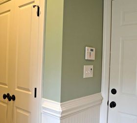 half bath makeover using beadboard wallpaper, bathroom ideas, garage doors, garages, home decor, Laurel Mist by Behr paints and beadboard wallpaper by Allen and Roth added to the garage entryway