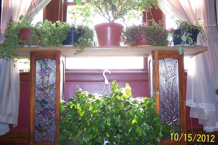 stained glass plant stand made from old window shutters, gardening, repurposing upcycling, windows, Plant stand using old window shutters
