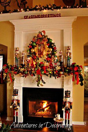 christmas on my mind, christmas decorations, fireplaces mantels, seasonal holiday decor, For a few years vibrant seasonal colors huge satin bows gold beaded garland and nutcrackers galore graced our holiday fireplace