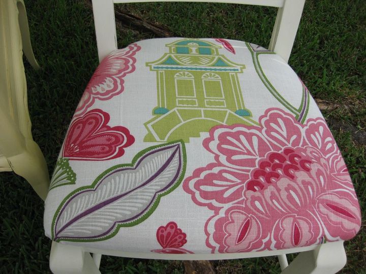 repurposing thrift finds chairs amp tables, chalk paint, painted furniture, reupholster, Newly painted chair with Annie Sloan Old White Paint and new fabric Fabric source listed on Blog