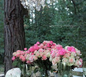 a crystal chandelier above a table in the woods yep i love it, lighting, outdoor living