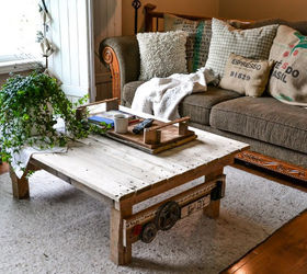 a junk styled pallet wood coffee table anyone can make, diy, painted furniture, pallet, woodworking projects, This little junk styled coffee table is the perfect fit for our living room