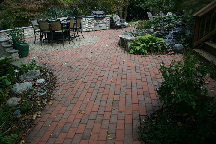 pond and patio, outdoor living, patio, We took up the old patio created our own pattern and blend the old with the new