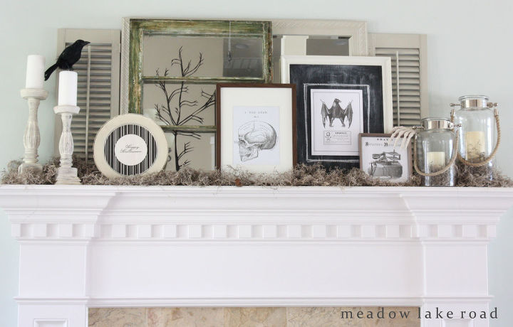 halloween mantel in neutral colors, fireplaces mantels, halloween decorations, seasonal holiday decor