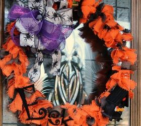 wreaths for every season, christmas decorations, crafts, doors, halloween decorations, seasonal holiday decor, wreaths, Orange and Black Burlap Halloween Rag Wreath with Purple Accents