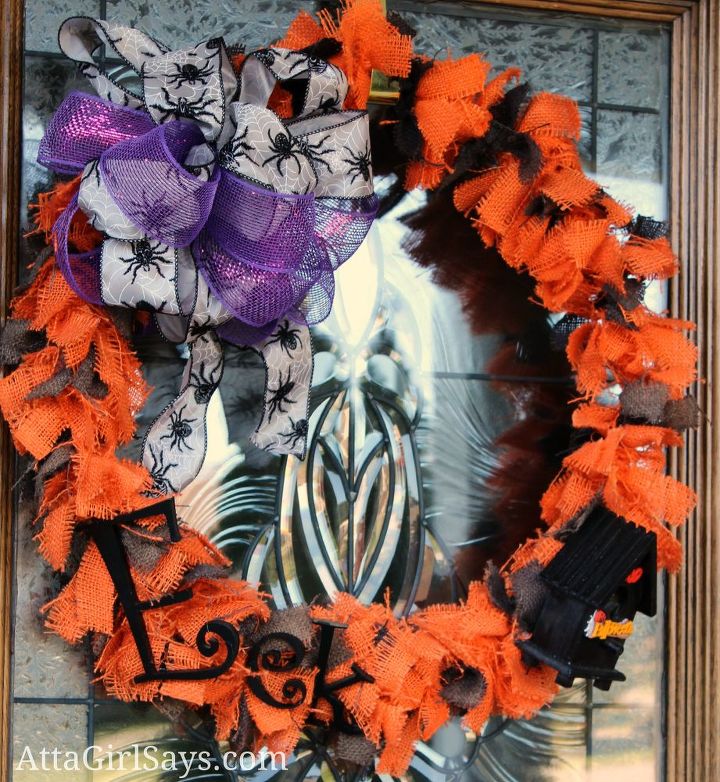 coroas para todas as estaes, Guirlanda de Halloween de serapilheira laranja e preta com detalhes em roxo