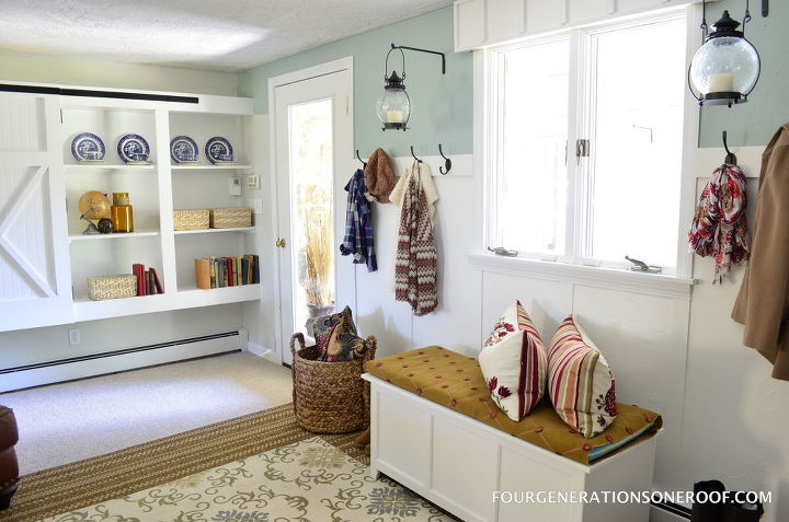 diy mudroom, laundry rooms, storage ideas, View of the wall with hooks diy show storage and diy barn closet doors
