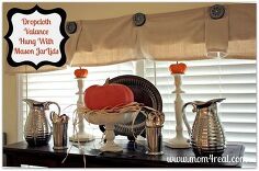 dropcloth valance hung with mason jar lids, mason jars, repurposing upcycling, Dropcloth valance hung with mason jar lids
