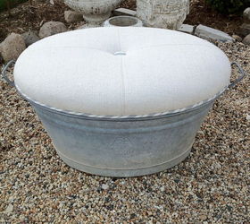 zinc tub turned ottoman, painted furniture, repurposing upcycling, materials one zinc tub vintage European linen vintage ticking for welt and one great upholsterer who understands the inside of my brain