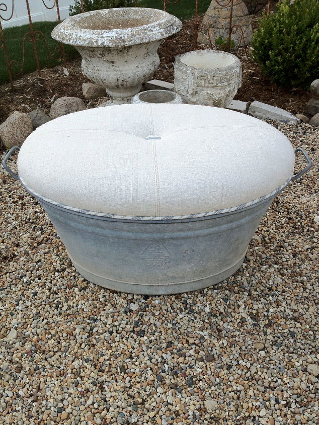 zinc tub turned ottoman, painted furniture, repurposing upcycling, materials one zinc tub vintage European linen vintage ticking for welt and one great upholsterer who understands the inside of my brain