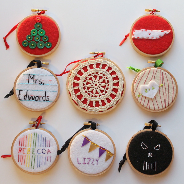 eight embroidery hoop ornaments for everyone on your christmas list, crafts, Eight ornaments made from embroidery hoops