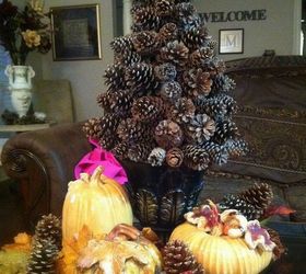 pine cone tree, christmas decorations, crafts, seasonal holiday decor, One tree with my fall decor For Christmas I add bows or ribbons to dress it up