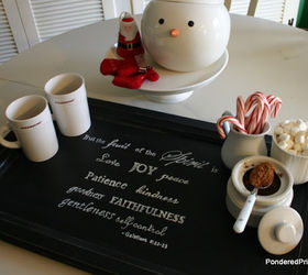 cabinet door tray and hot chocolate station, christmas decorations, doors, kitchen cabinets, repurposing upcycling, seasonal holiday decor, Here is the tray all dressed up as a hot chocolate station for the holidays