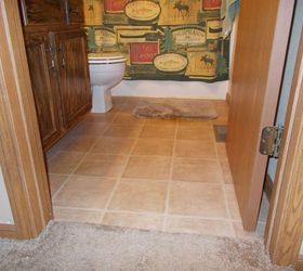 wood look ceramic tile, bathroom ideas, tiling, 6 year old vinyl that the bathroom rug turned yellow in spots