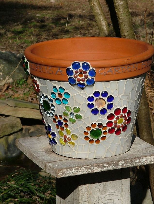 mosaic flower pot made from stained glass and glass beads, crafts, flowers, gardening