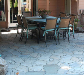 pavers with boulders and slate integrated by ross nw watergardens portland, concrete masonry, curb appeal, landscape, outdoor living, patio, Paver patio and outdoor kitchen with slate insets By Ross NW Watergardens in Portland OR
