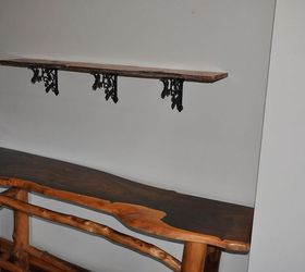 dragonfly shelf with locally harvested juniper, home decor, shelving ideas, Juniper slab shelf above cocobolo slab table below