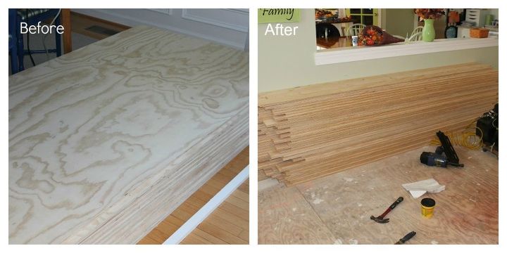 colocacin de suelos de madera contrachapada, Tomo 4 horas para cortar 12 tablas en 132 tiras Si desea leer m s sobre nuestro proyecto por favor visite