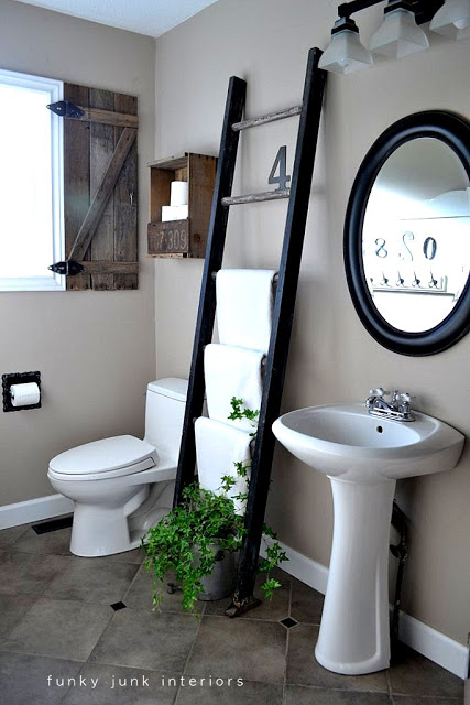 a bathroom makeover minus mr big honkin vanity, bathroom ideas, painting, repurposing upcycling, small bathroom ideas, Even a small bathroom stands half a chance if you choose your stuff wisely A ladder for towel storage truly rocks as it takes so little real estate