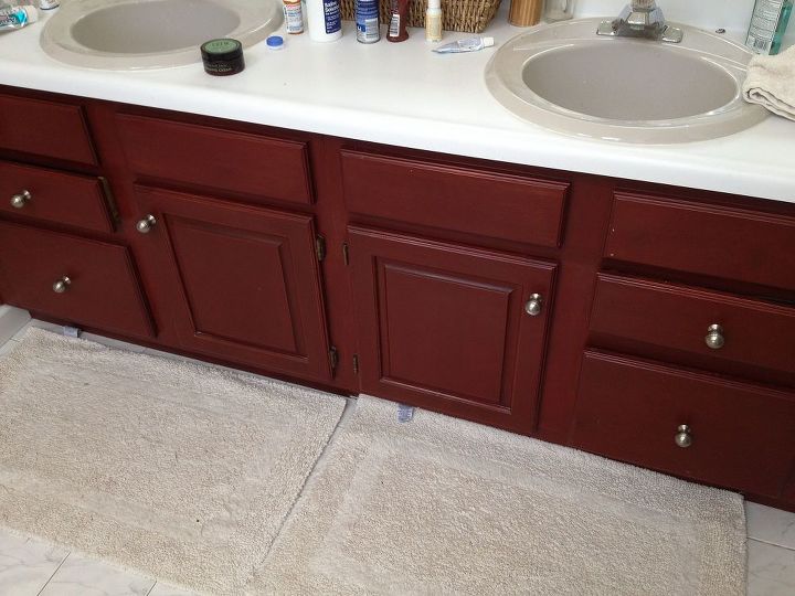 updating bathroom cabinets, bathroom ideas, home decor, painting, Red Stained Vanity BEFORE