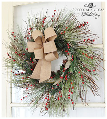 i added christmas greenery to the twig wreath along with little red berries - Burlap Ribbon Christmas Decor i added christmas greenery to the twig wreath along with little red berries - Burlap Ribbon Christmas Decor