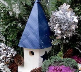 winter window box decorating, gardening, outdoor living, seasonal holiday decor, Close up of one of the birdhouse window boxes