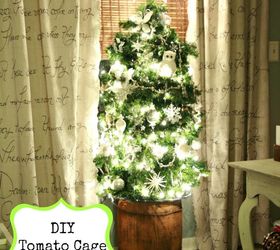 lighted tomato cage christmas tree makes it s appearance for the 3rd year, christmas decorations, crafts, seasonal holiday decor, Tomato cage faux pine garland with lights An old barrel makes for a great tree base