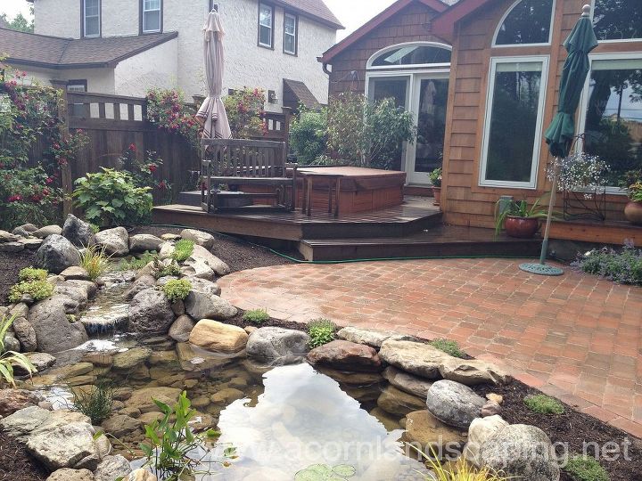 water garden pond landscape design lighting paver patio renovation in rochester ny, concrete masonry, outdoor living, patio, ponds water features, Water Garden Landscape Design Lighting and Patio Renovation Completed