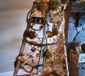 a treeless ladder christmas tree, repurposing upcycling, seasonal holiday d cor, A theme of spent hydrangeas vintage influences and nature were the theme on this fun take on a tree inspired by Eclectically Vintage s last year s ladder tree see blog post