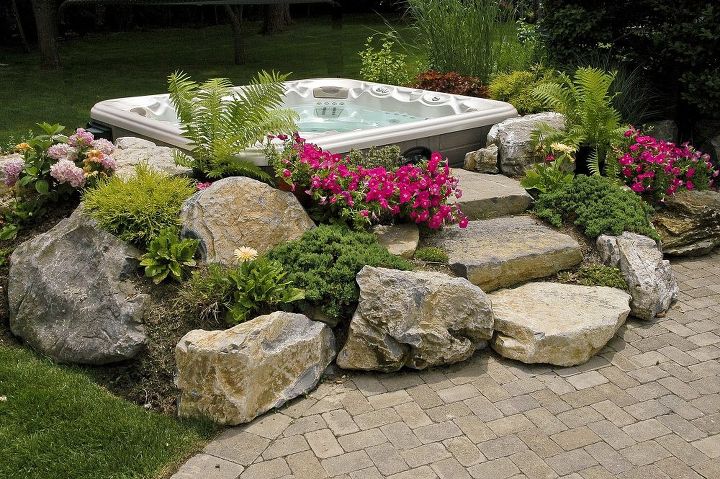 do you like this built in look for a hot tub surround, gardening, outdoor living, patio, pool designs, spas, Landscaped Hot Tub surround with moss rock steps