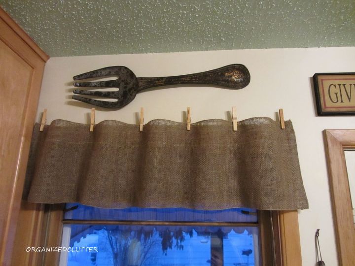 quick easy and cheap burlap valances, crafts, window treatments, Last year I made these burlap valances for my kitchen windows