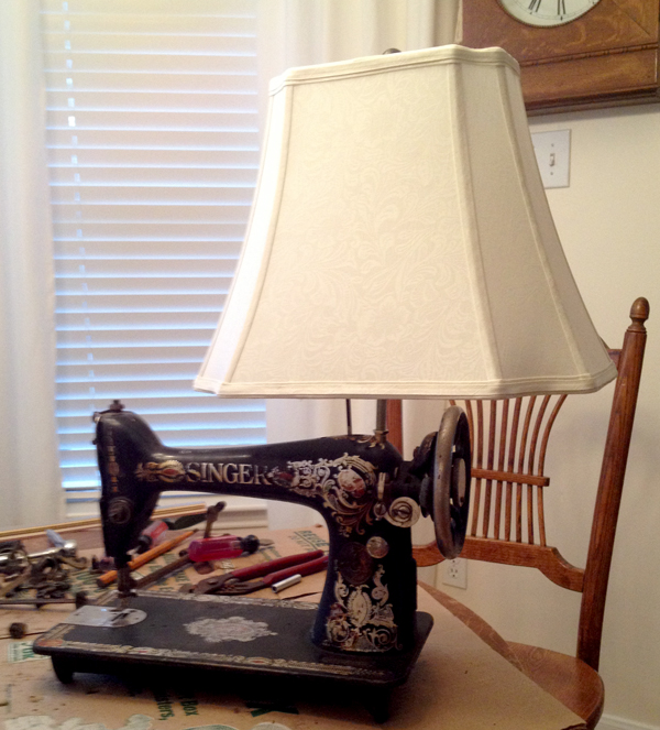 knock off burlap lampshade for a vintage sewing machine, repurposing upcycling