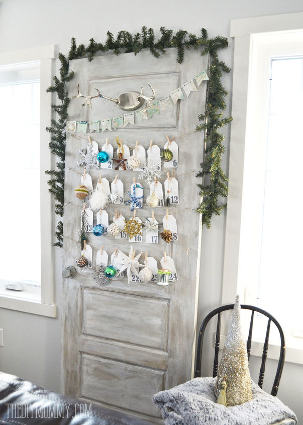turning a door into a daily ornament advent calendar, chalk paint, christmas decorations, doors, seasonal holiday decor