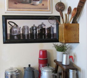 keeping it cozy coffee themed vignette, kitchen design, Vintage coffeepots utensils coffee can scoop and Folger s puzzle Also a red thermos