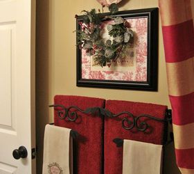 my french country guest bath, bathroom ideas, home decor, Another French print with a toile mat a plate and a Christmas wreath top one of my favorites a thrift store towel bar from the now defunct Southern Living at Home