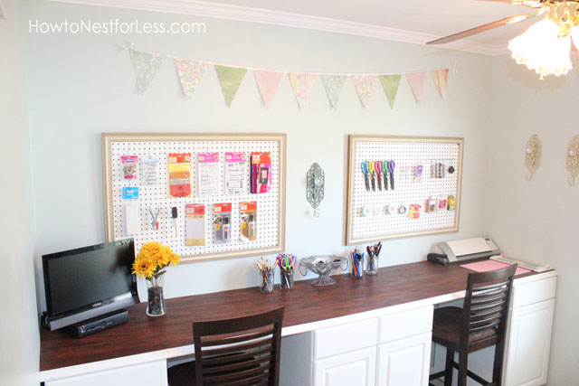 organized craft room, craft rooms, organizing, Two large peg boards with hooks make items within an arm s reach
